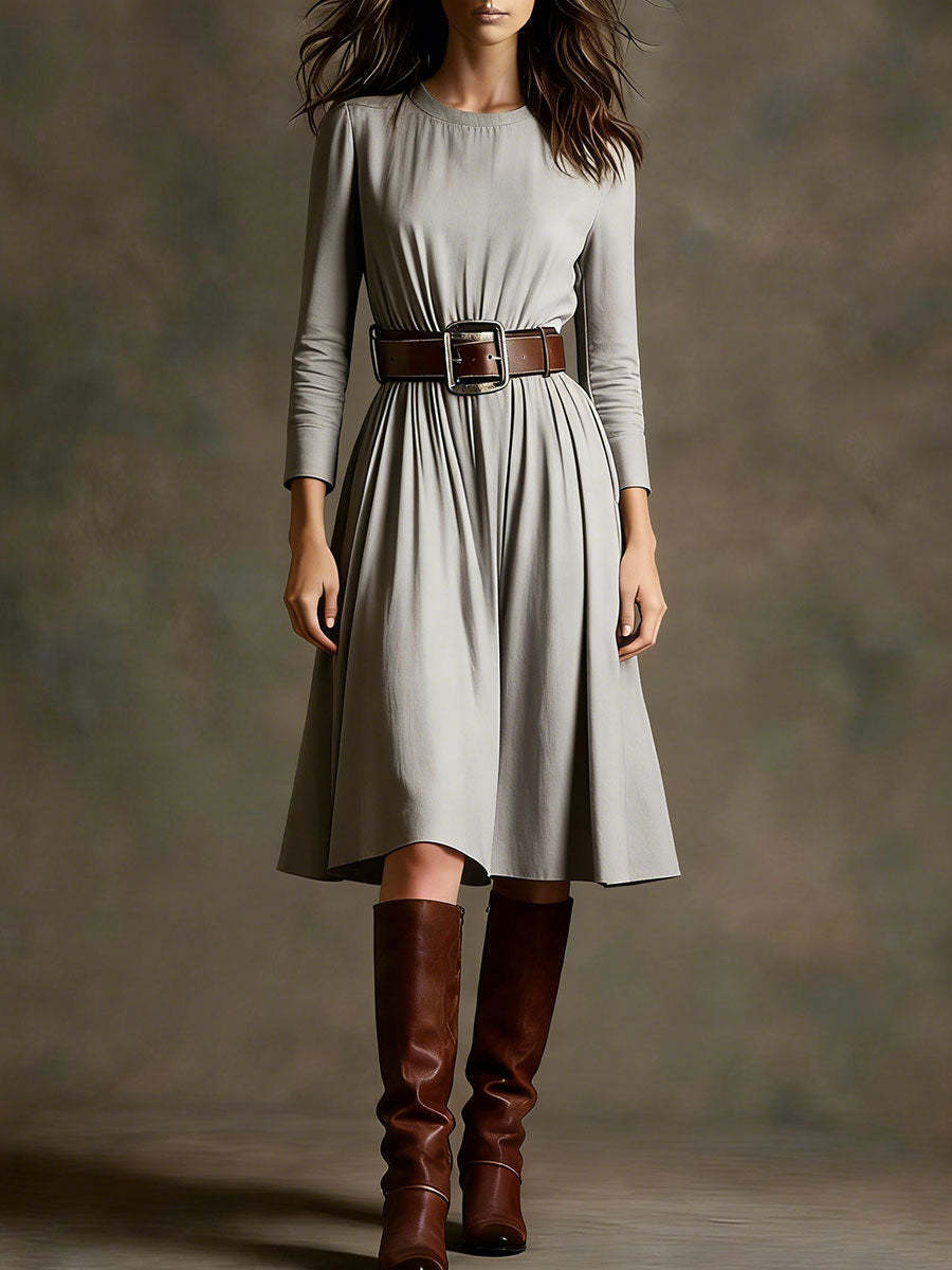 Women Elegant Dress with Long Sleeve and Waist Belt Lisslune