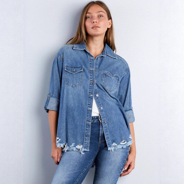 Women's denim blouse with heart appliqué and fringed hem Lisslune