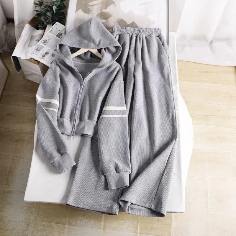 Women’s leisure hoodie and wide-cut jogging pants combination with practical zipper Lisslune