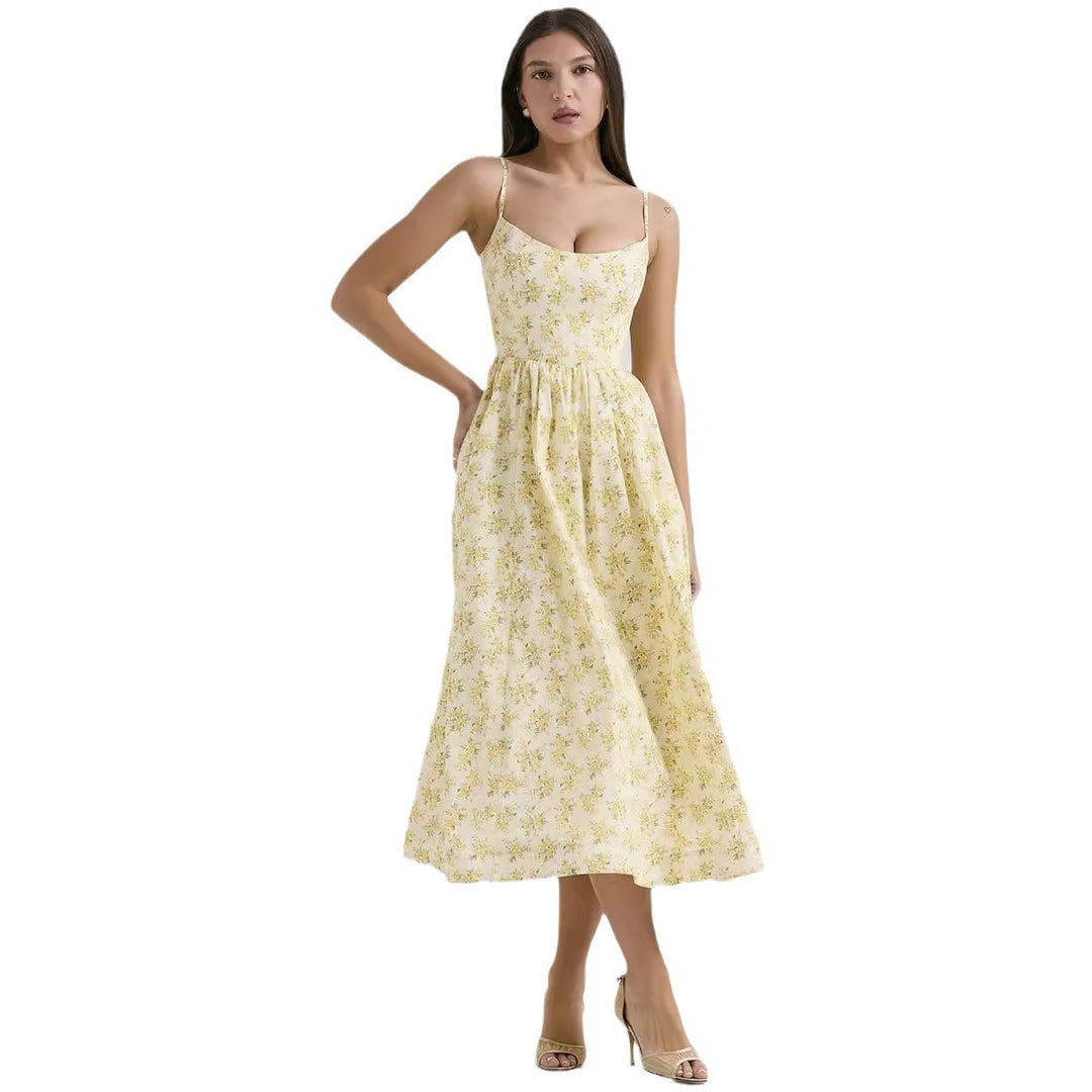 Women’s midi floral dress with strapless style and swinging skirt Lisslune