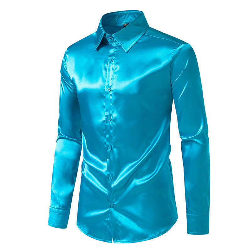 Men's Elegant Satin Shirt with Shimmering Finish and Classic Collar Lisslune