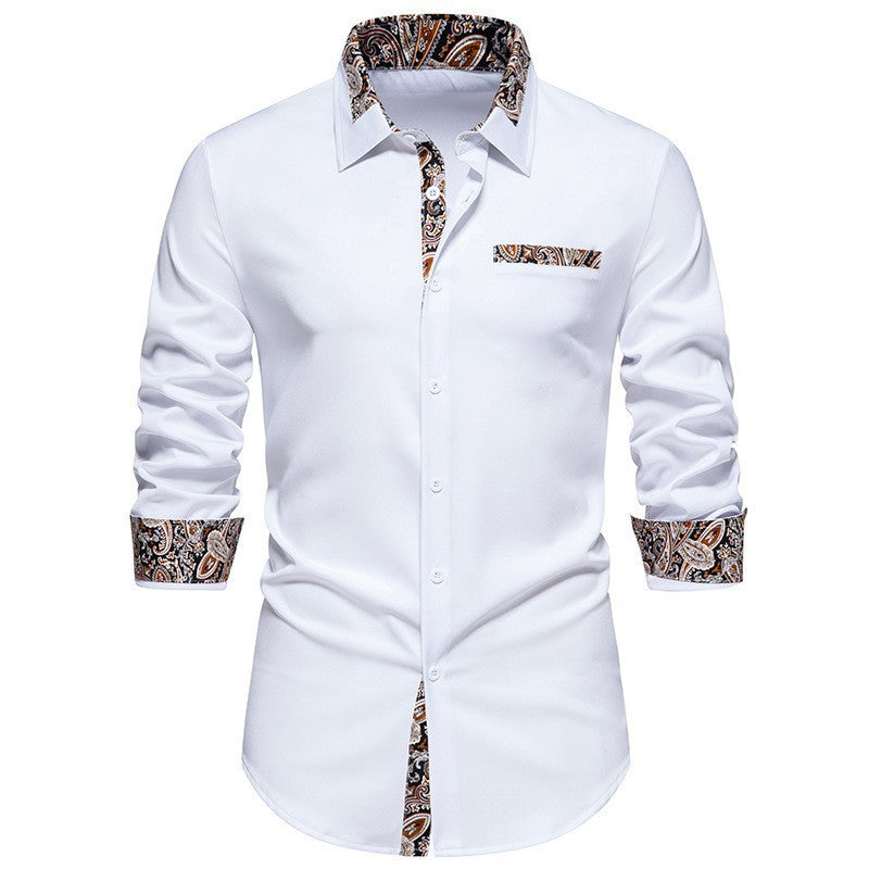 Men's long-sleeve shirt with detailed paisley pattern on collar and cuffs Lisslune