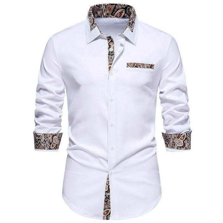 Men's long-sleeve shirt with detailed paisley pattern on collar and cuffs Lisslune