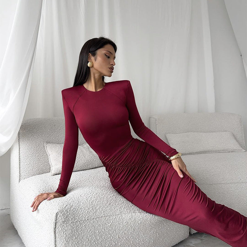 Women's Long Sleeve Gathered Dress with Elegant Cut and Figure-Shaping Details