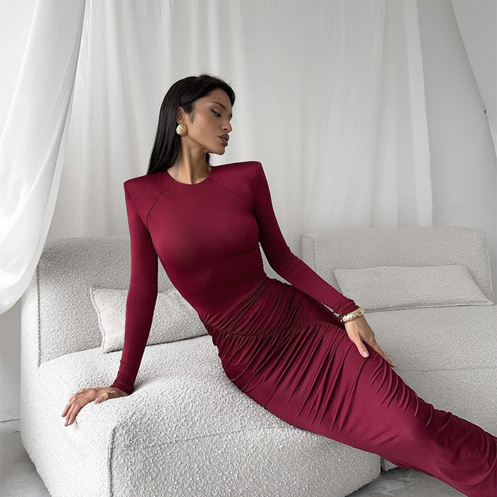 Women's Long Sleeve Gathered Dress with Elegant Cut and Figure-Shaping Details