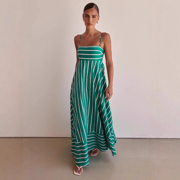 Women's Long Sleeve Maxi Dress with Elegant Stripe Pattern and Flowing Cut