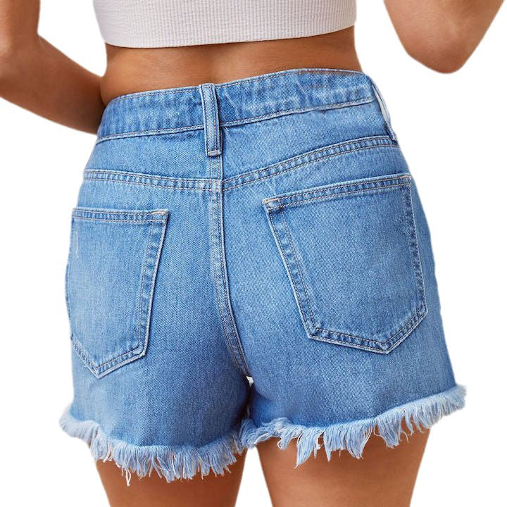 Women's High Waist Denim Shorts with Frayed Hem and Destroyed Effects