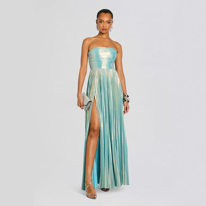 Women's Glamorous Evening Dress with High Slit and Pleated Details Lune London