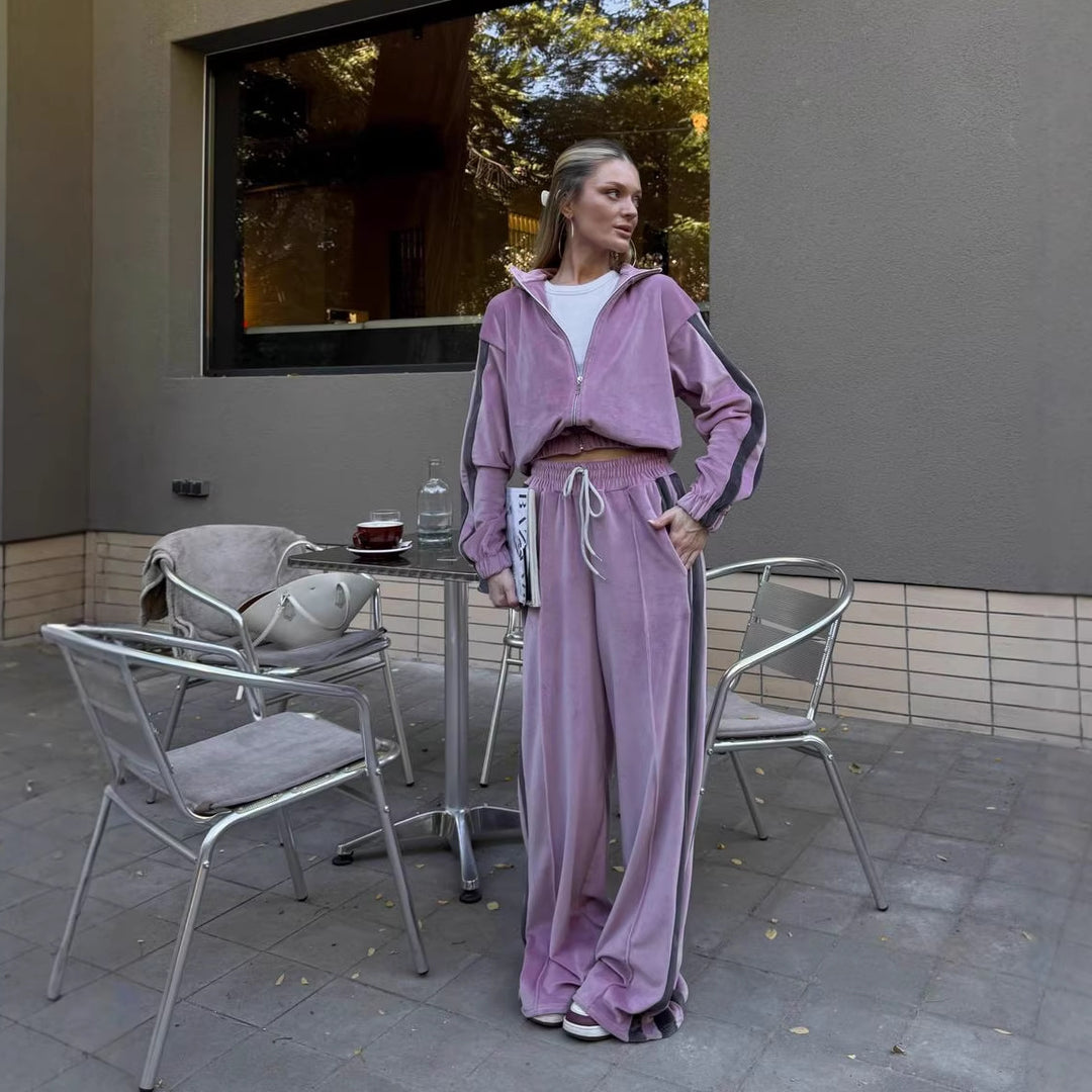 Women's sporty velour tracksuit with contrasting color stripes Lisslune