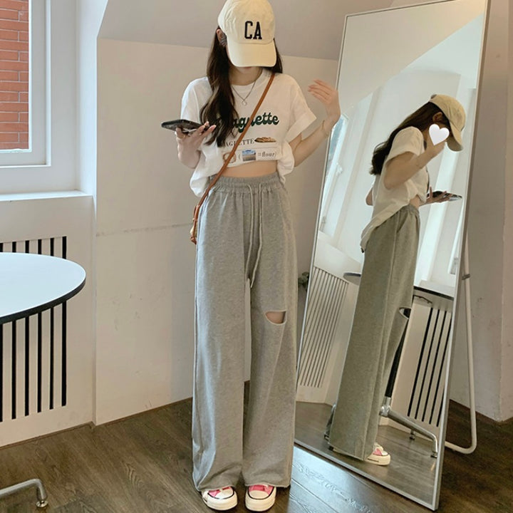 Women's casual wide-cut sweatpants with fashionable cut-out and elastic waistband