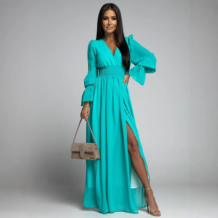 Women's maxi dress with deep V-neckline and voluminous sleeves Lune London