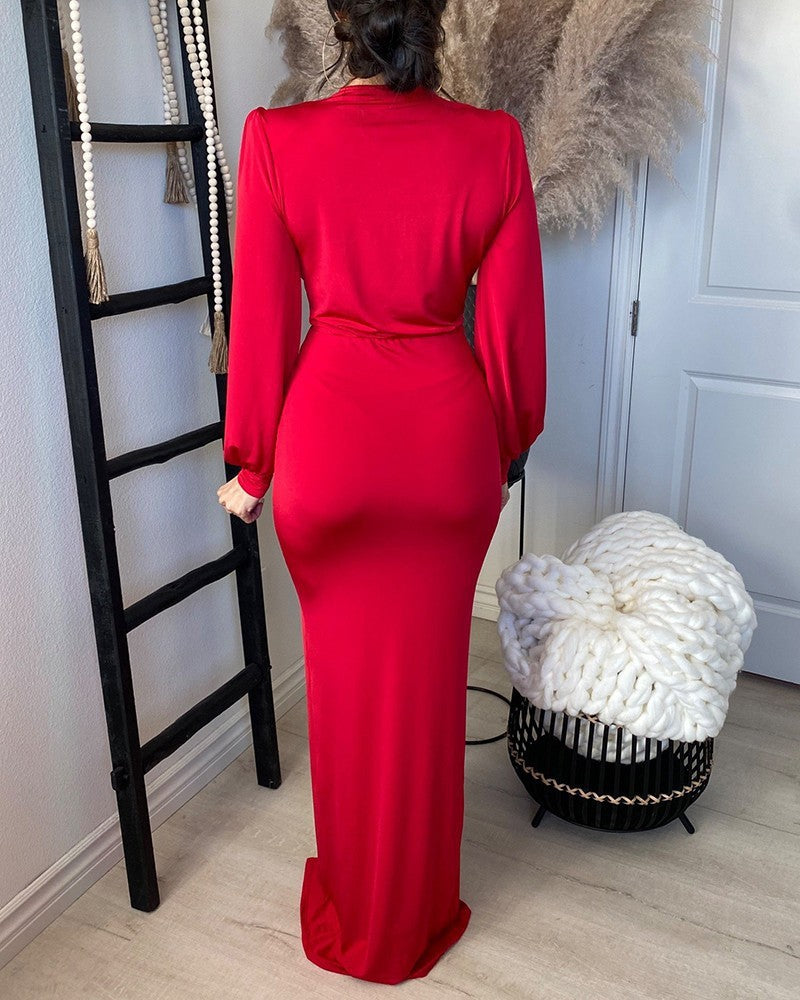 Women's Elegant Evening Dress with Deep V-Neck and Slit Lisslune