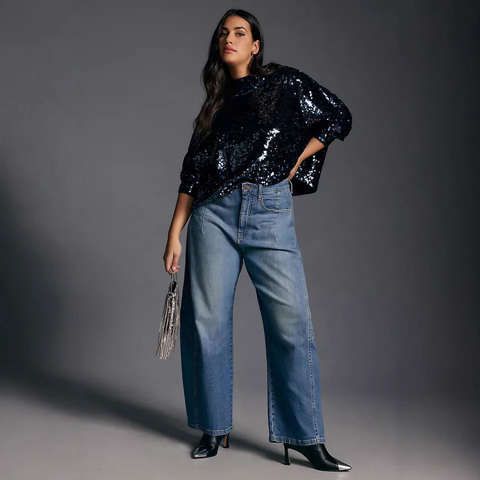 Damen weite Denim-Hose im modernen Schnitt mit hohem Bund Lisslune