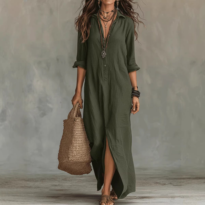 Women's Long Shirt Dress with Button Closure and Side Slit Lisslune