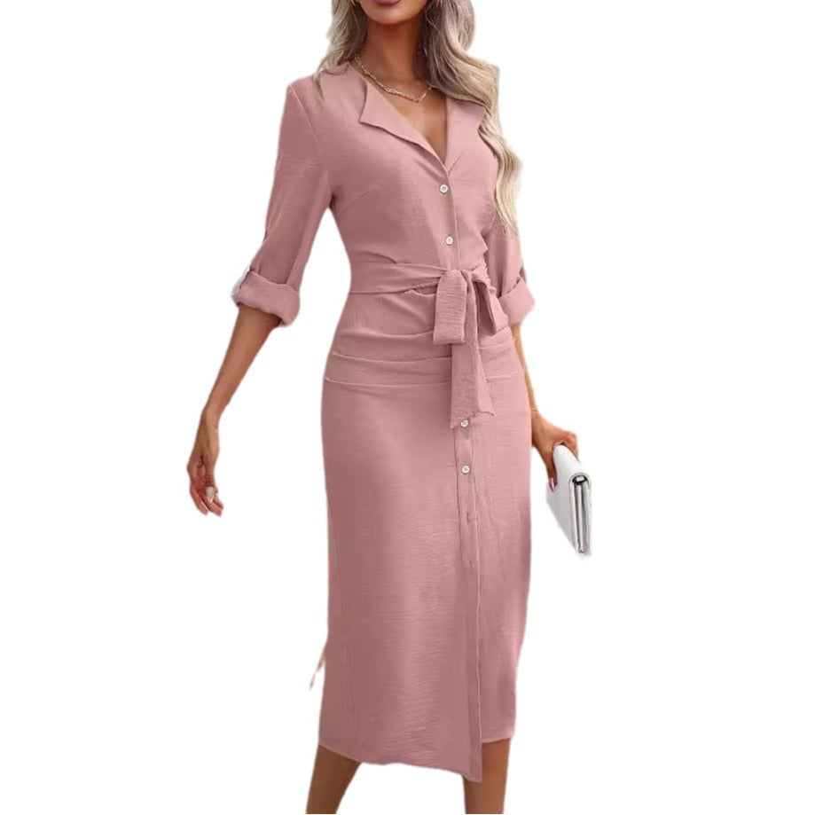Damen Knielanges Hemdblusenkleid mit Gürtel und Modernem Revers Lisslune