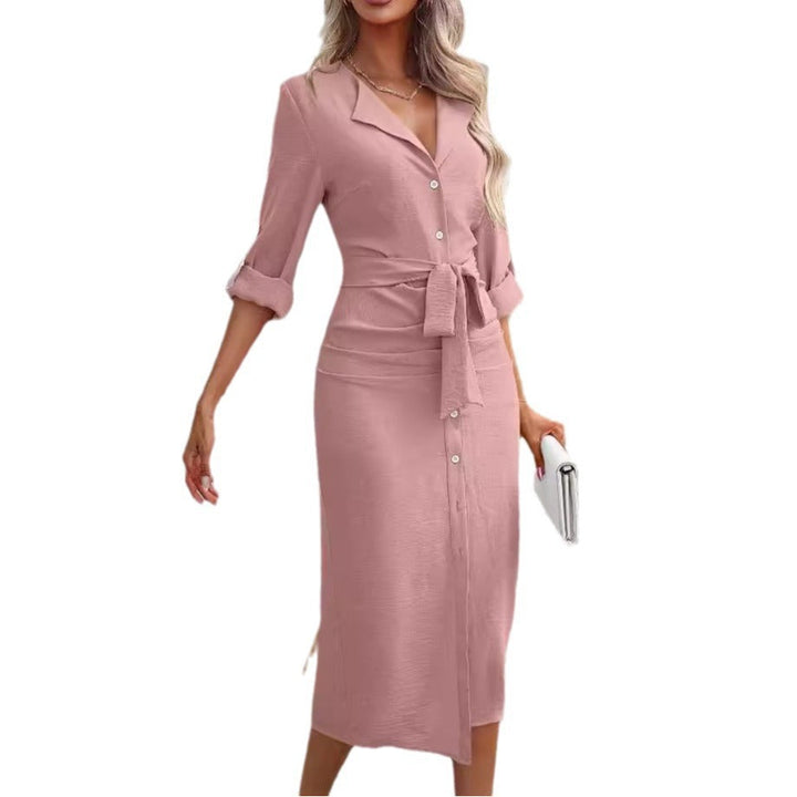 Damen Knielanges Hemdblusenkleid mit Gürtel und Modernem Revers Lisslune