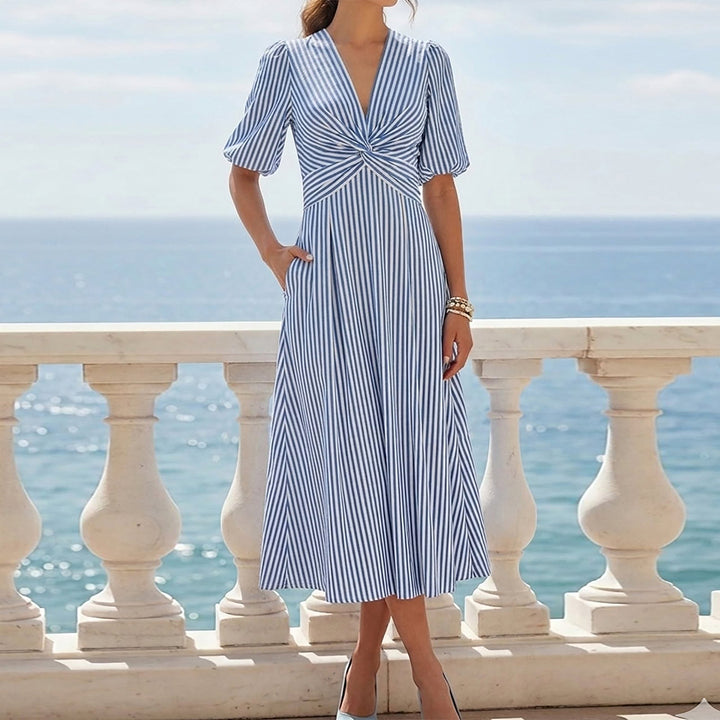 Women's midi dress with wonderful wrap design and elegant stripes