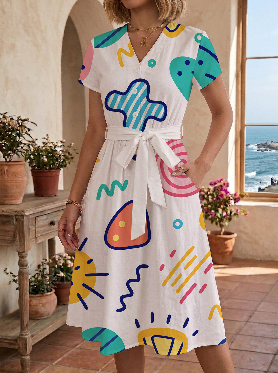 Women’s midi dress with colorful floral design and adjustable tie belt Lisslune