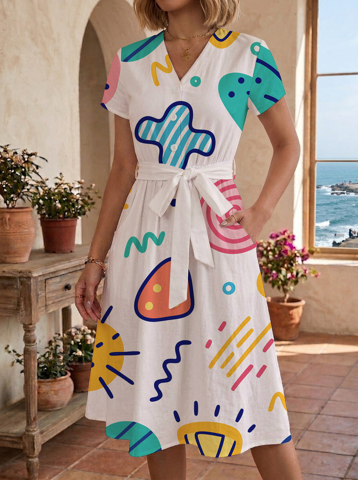 Women’s midi dress with colorful floral design and adjustable tie belt Lisslune