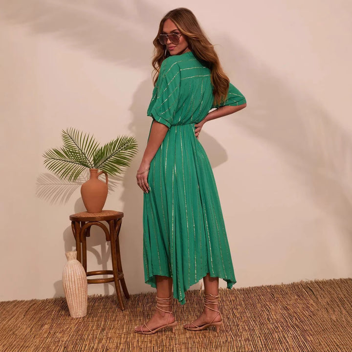 Women's maxi dress with high V-neck and flowing pleats