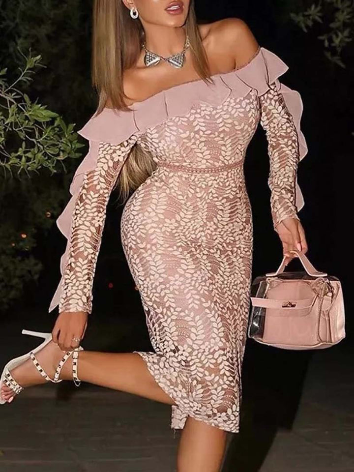 Women's Figure-Hugging Lace Dress with Off-Shoulder Design and Ruffle Details Lisslune