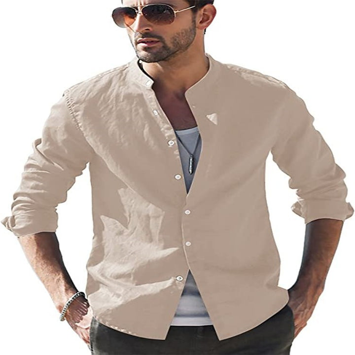 Men's linen shirt with modern stand-up collar and classic button detail Lisslune