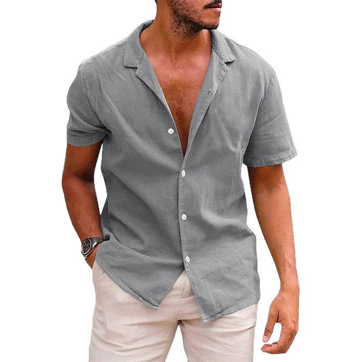 Men's short-sleeve shirt made of high-quality linen with stylish notch collar Lisslune
