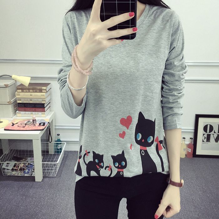 Women's Long Sleeve T-Shirt with Creative Cat Design Lisslune