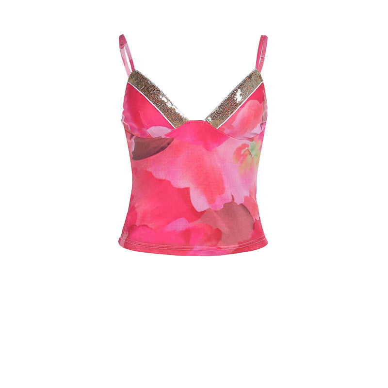 Women Elegant Spaghetti Strap Top with Floral Pattern and Sparkling Decollete Lune London