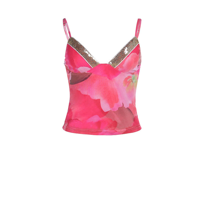 Women Elegant Spaghetti Strap Top with Floral Pattern and Sparkling Decollete Lune London