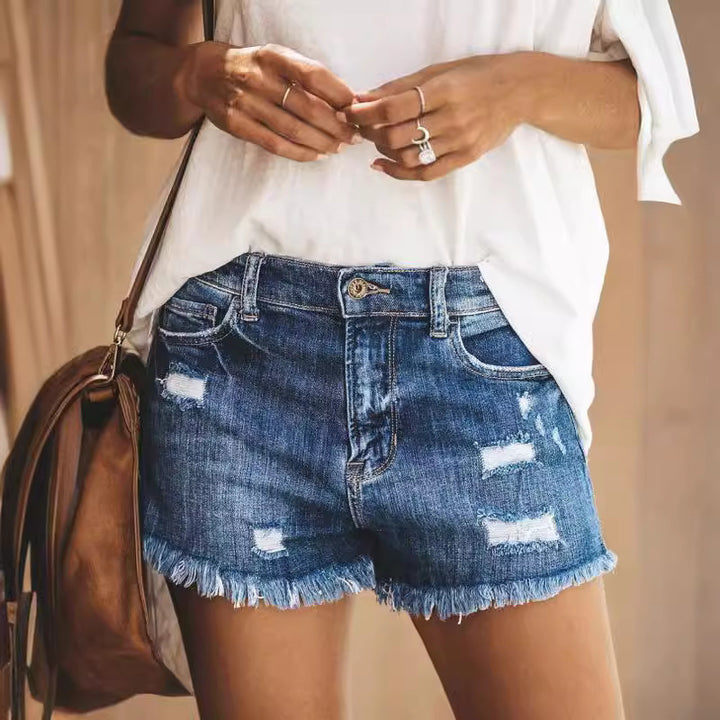 Women's Destroyed Denim Shorts with Frayed Hem and Casual Fit Lisslune