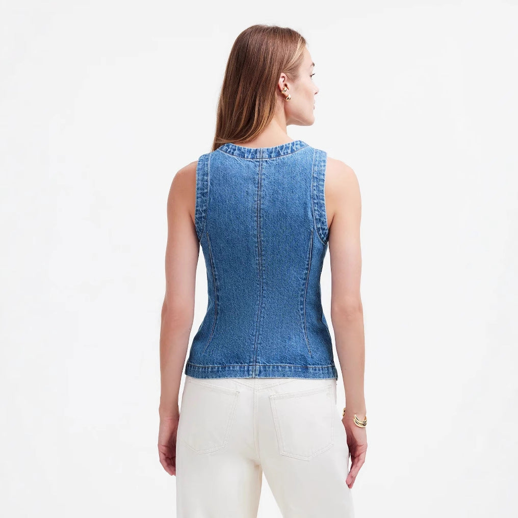 Women's jeans vest with asymmetrical cut and decorative buttons Lisslune