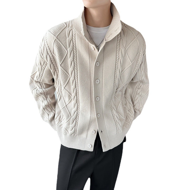 Men's chunky knit sweater with modern stand-up collar and button placket Lisslune