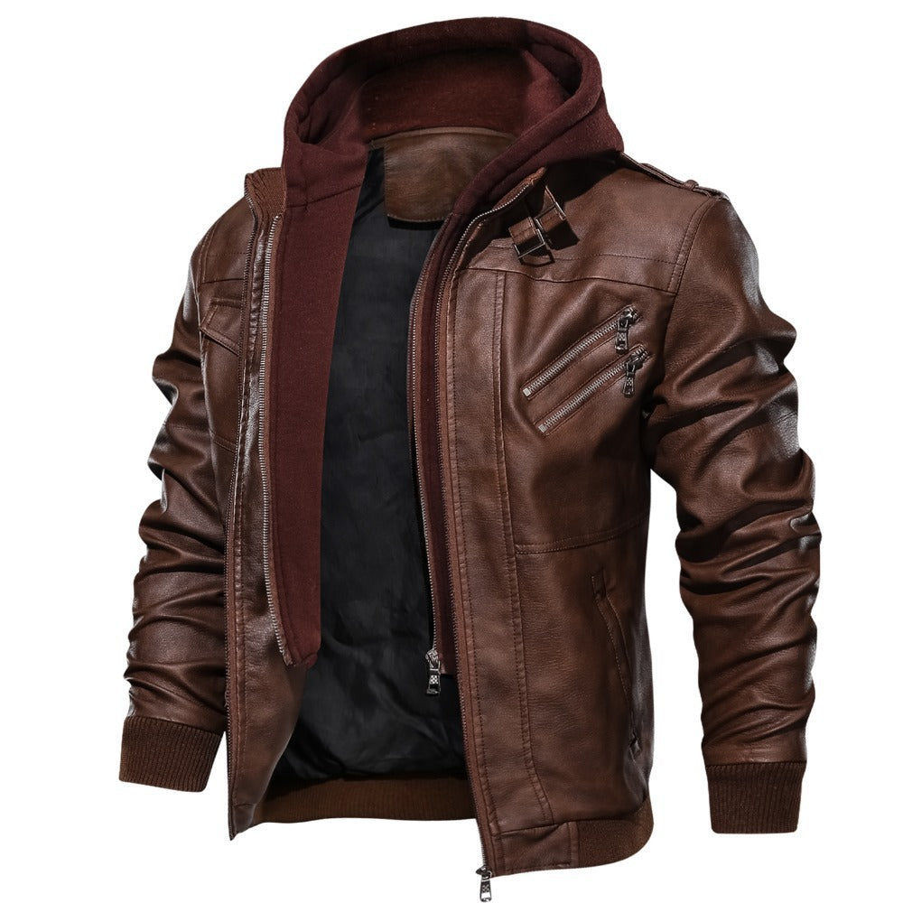 Men's Cool Leather Jacket with Integrated Hood and Versatile Pockets Lisslune