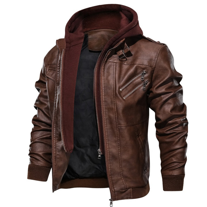 Men's Cool Leather Jacket with Integrated Hood and Versatile Pockets Lisslune