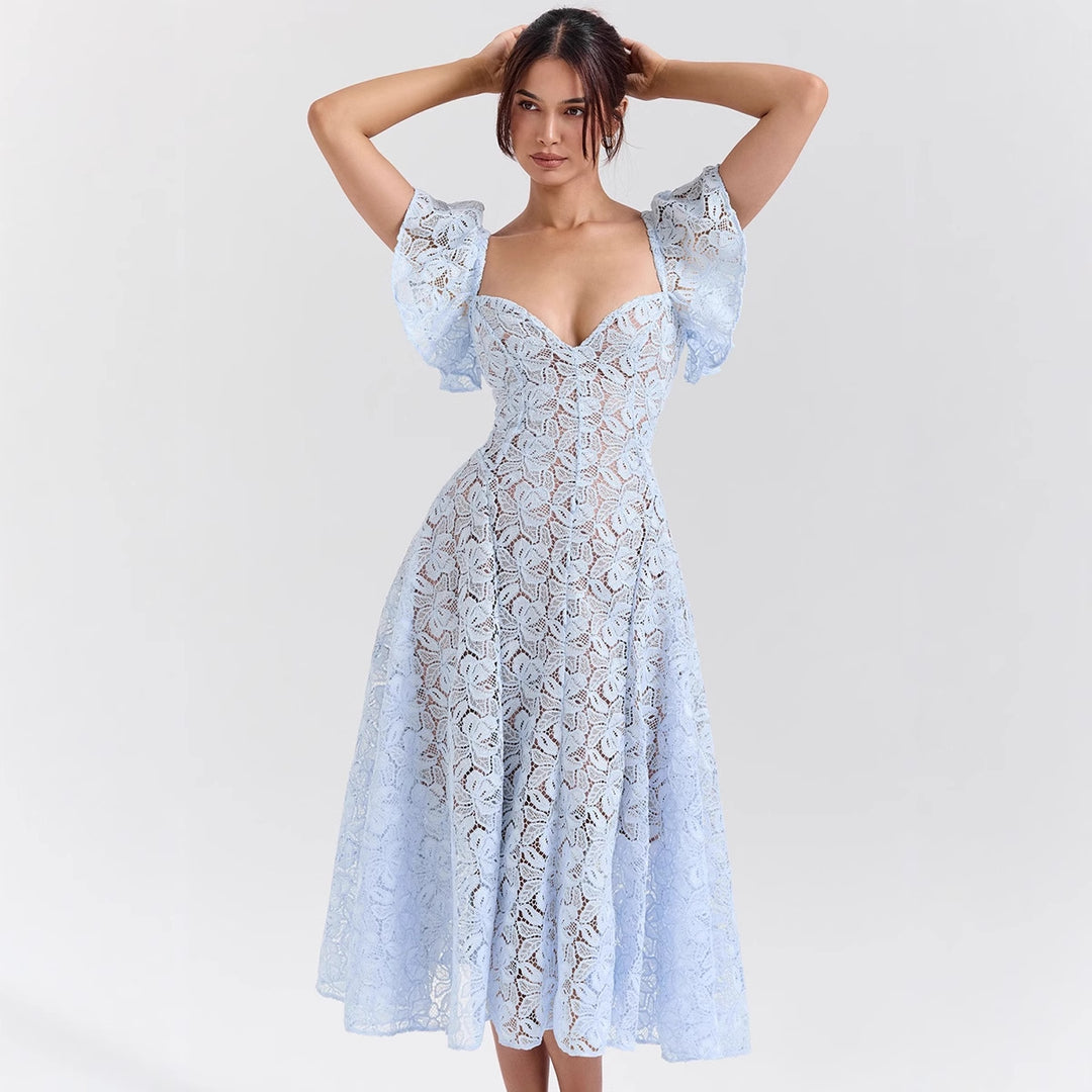 Women's Lace Dress with Voluminous Ruffle Sleeves and Flared Skirt