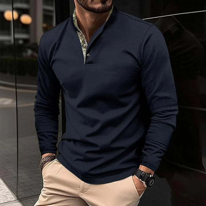 Men's long sleeve polo shirt in modern checked design with stand-up collar and button placket Lisslune