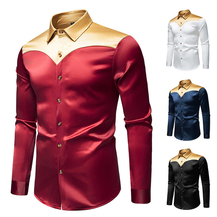Men's Elegant Shiny Long Sleeve Shirt with Contrasting Collar Lisslune
