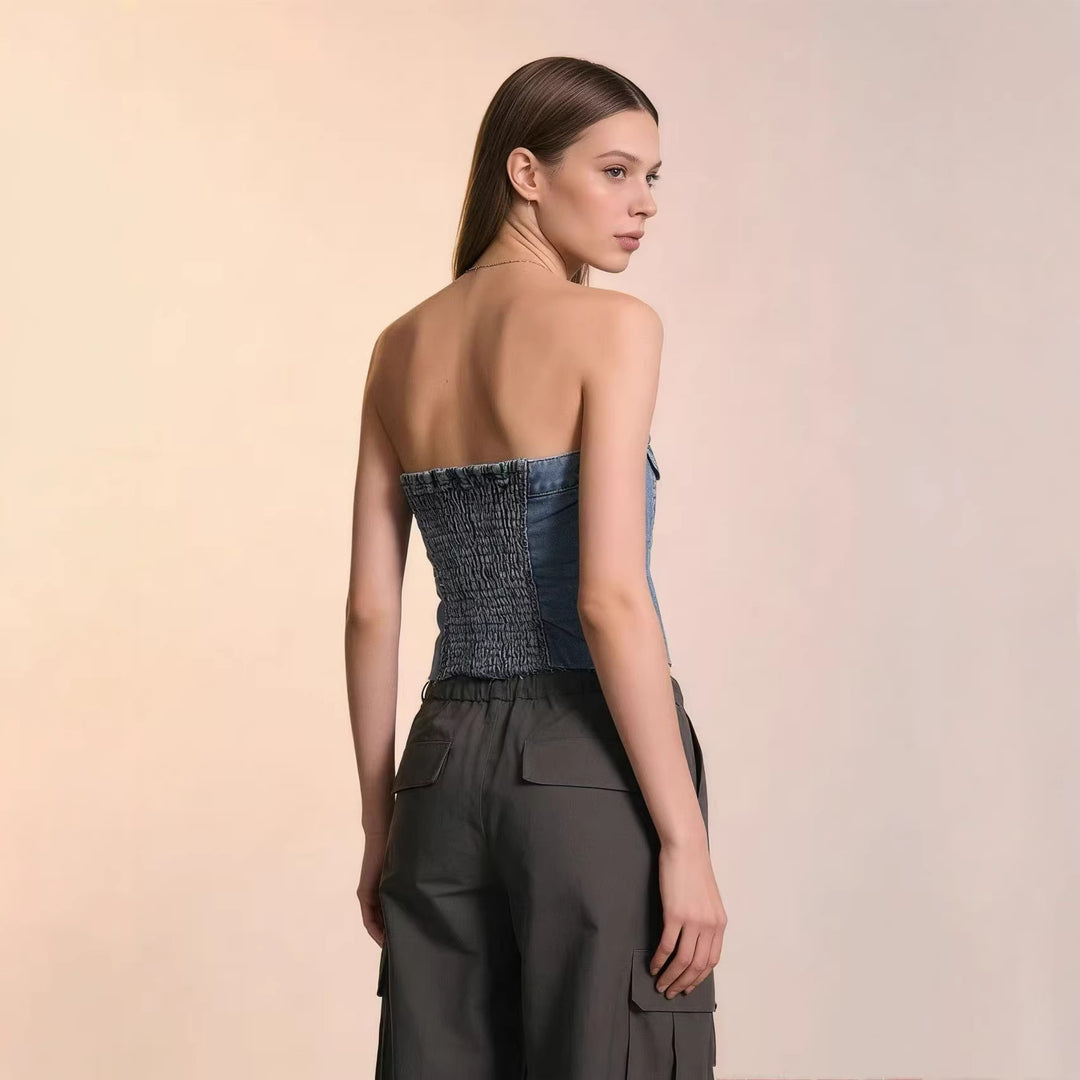 Women's Denim Bustier Top with Button Detail and Fringes Lisslune