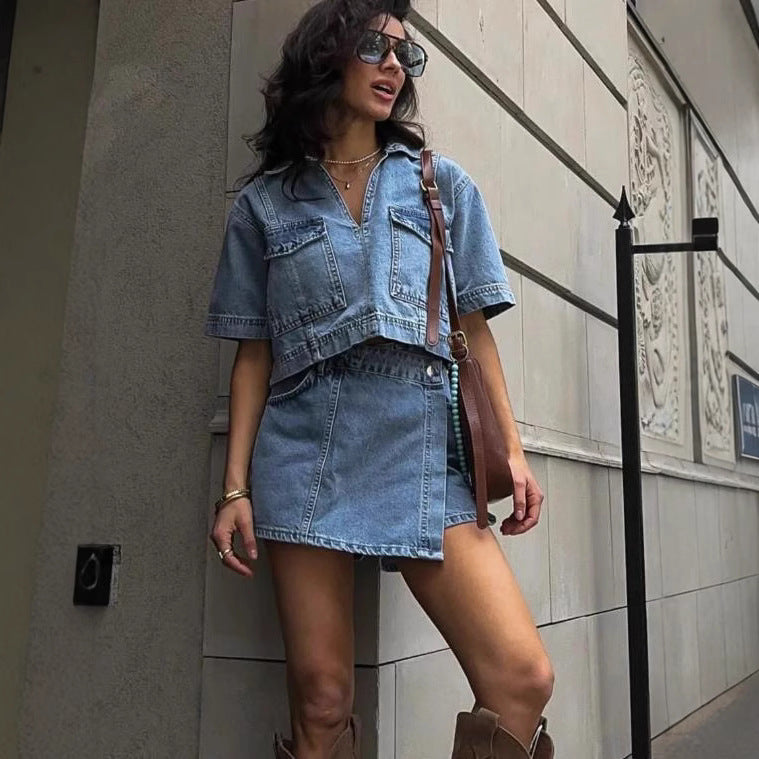 Women's Fashion Denim Crop Top and Skirt Set Lisslune