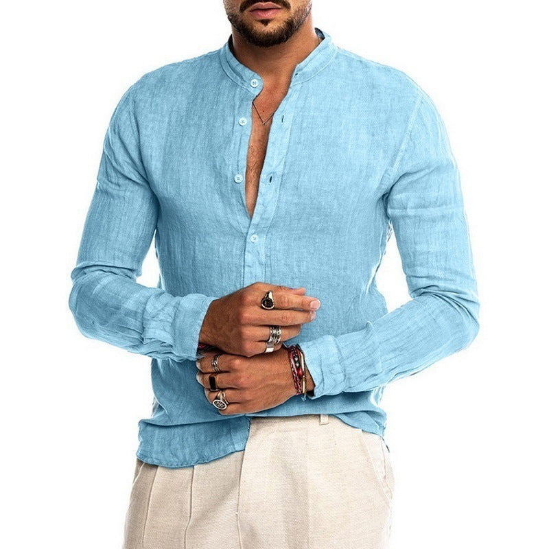 Men's Long-Sleeved Linen Shirt with Button Placket and Stand Collar Lisslune