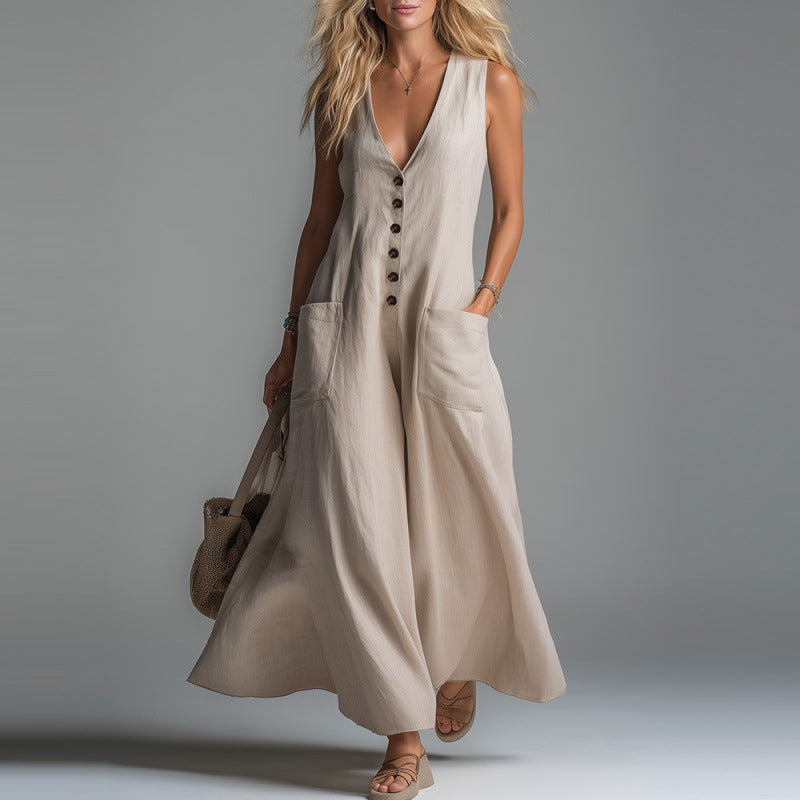 Damen eleganter Jumpsuit mit tiefem V-Ausschnitt und praktischen Taschen Lisslune