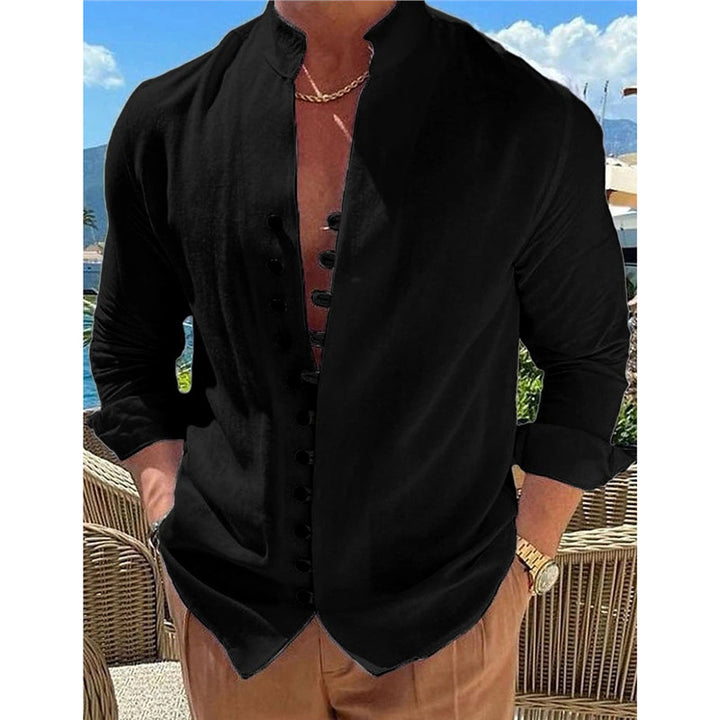 Men's casual long sleeve shirt with stand-up collar and full button placket Lisslune