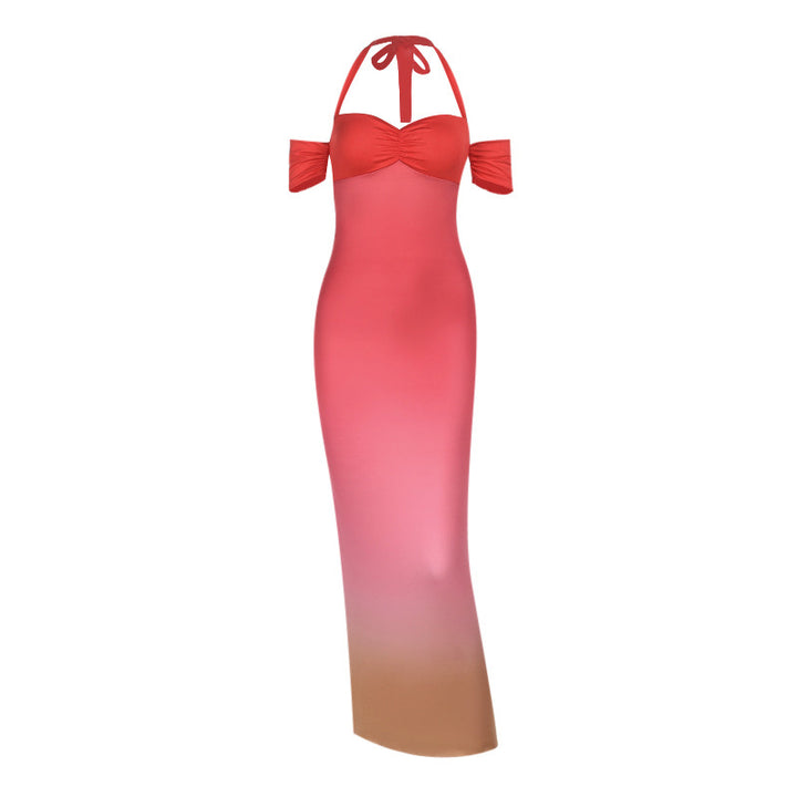 Women's fitted dress with halter design and floral accent