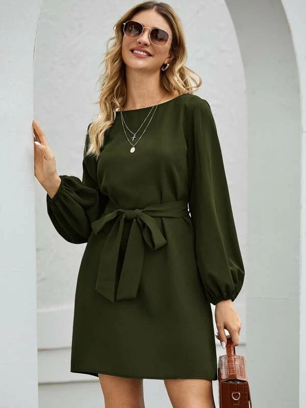 Damen Elegantes Kleid mit Ballonärmeln und Taillengürtel Lisslune