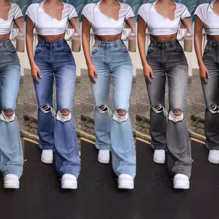 Damen Vintage Schlagjeans mit modischen Rissdetails und hohem Bund Lisslune