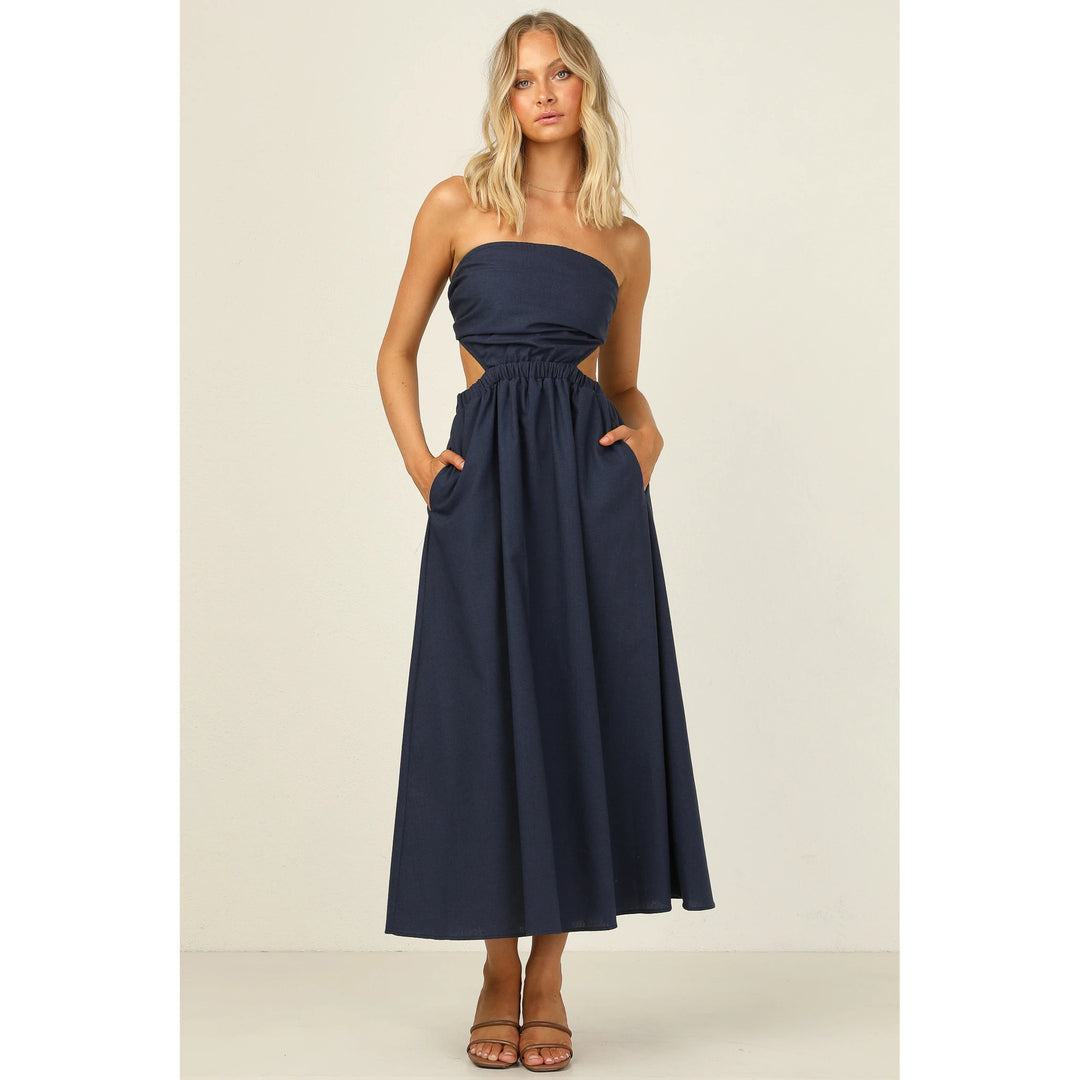 Women Strapless Maxi Dress with Side Cut-Out and Practical Pocket Design Lune London