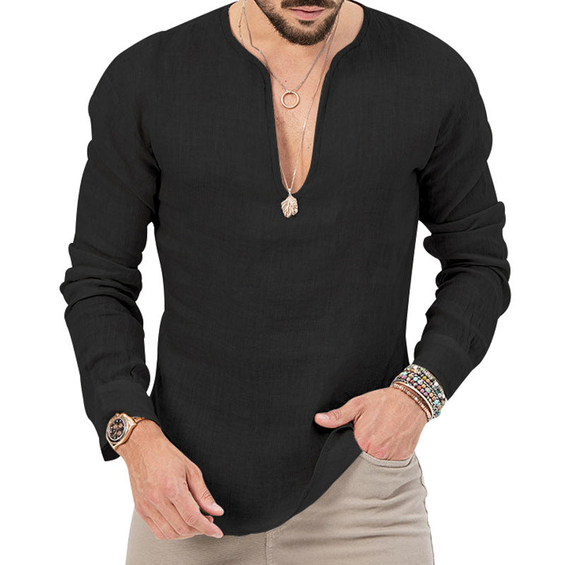 Men's linen shirt with deep V-neck and stylish cut Lisslune
