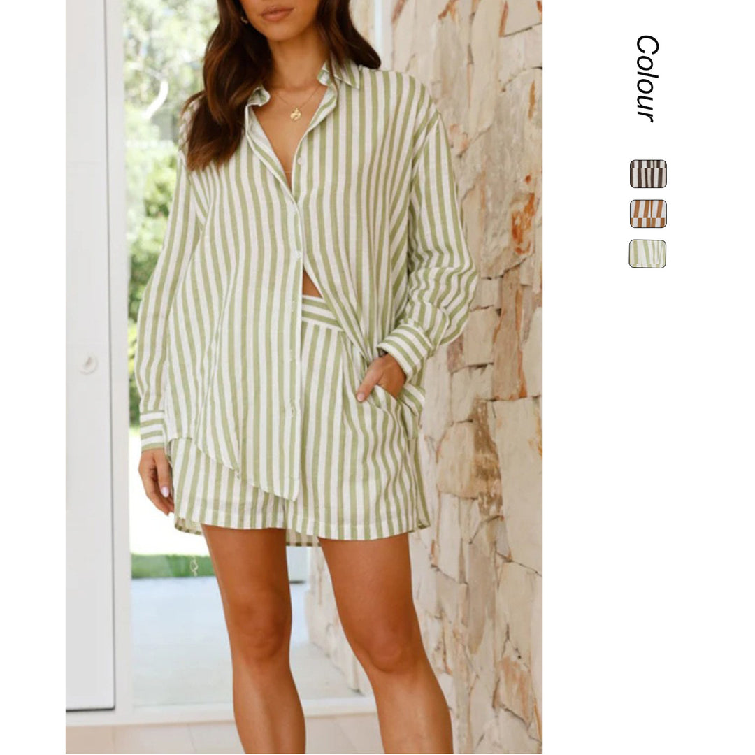 Women Striped Short Sleeve Shirt and Shorts Set Lune London