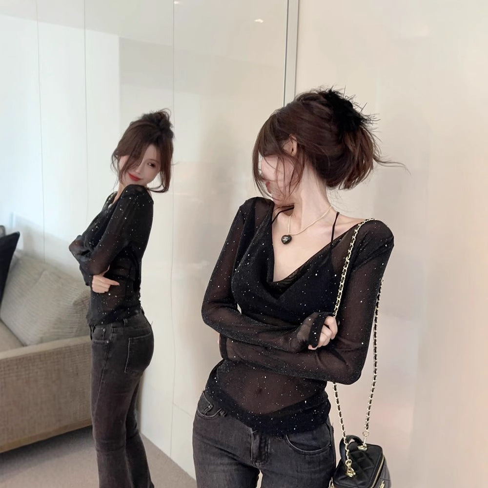 Women's sparkling long-sleeve top with deep V-neck and transparent details Lisslune